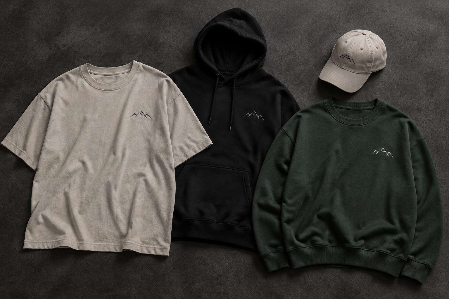 Ridgeline apparel collection: tee, hoodie, crewneck and cap